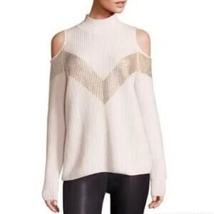 Zoe Jordan Sweater XS Cream Gold Cashmere Wool Cold Shoulder Mock Neck Luxury